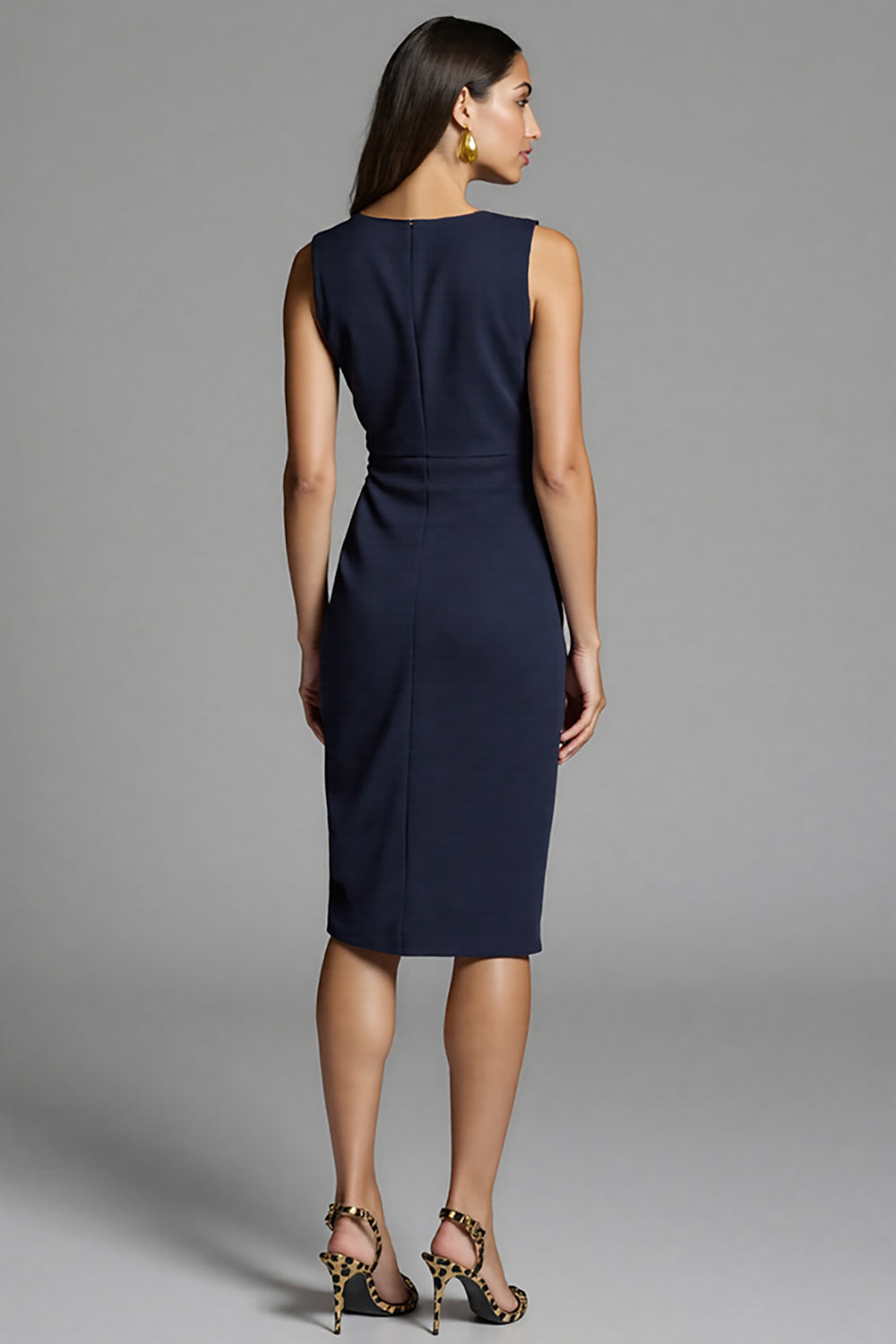 Navy Ruched Sheath V-Neck Midi Dress