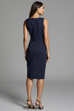 Navy Ruched Sheath V-Neck Midi Dress