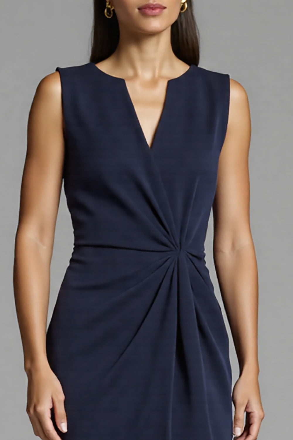 Navy Ruched Sheath V-Neck Midi Dress