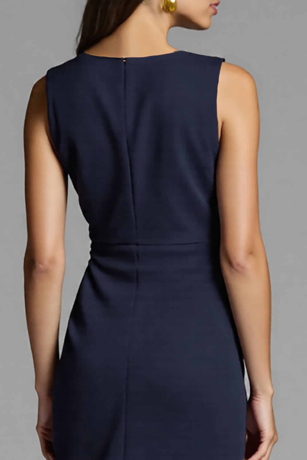 Navy Ruched Sheath V-Neck Midi Dress