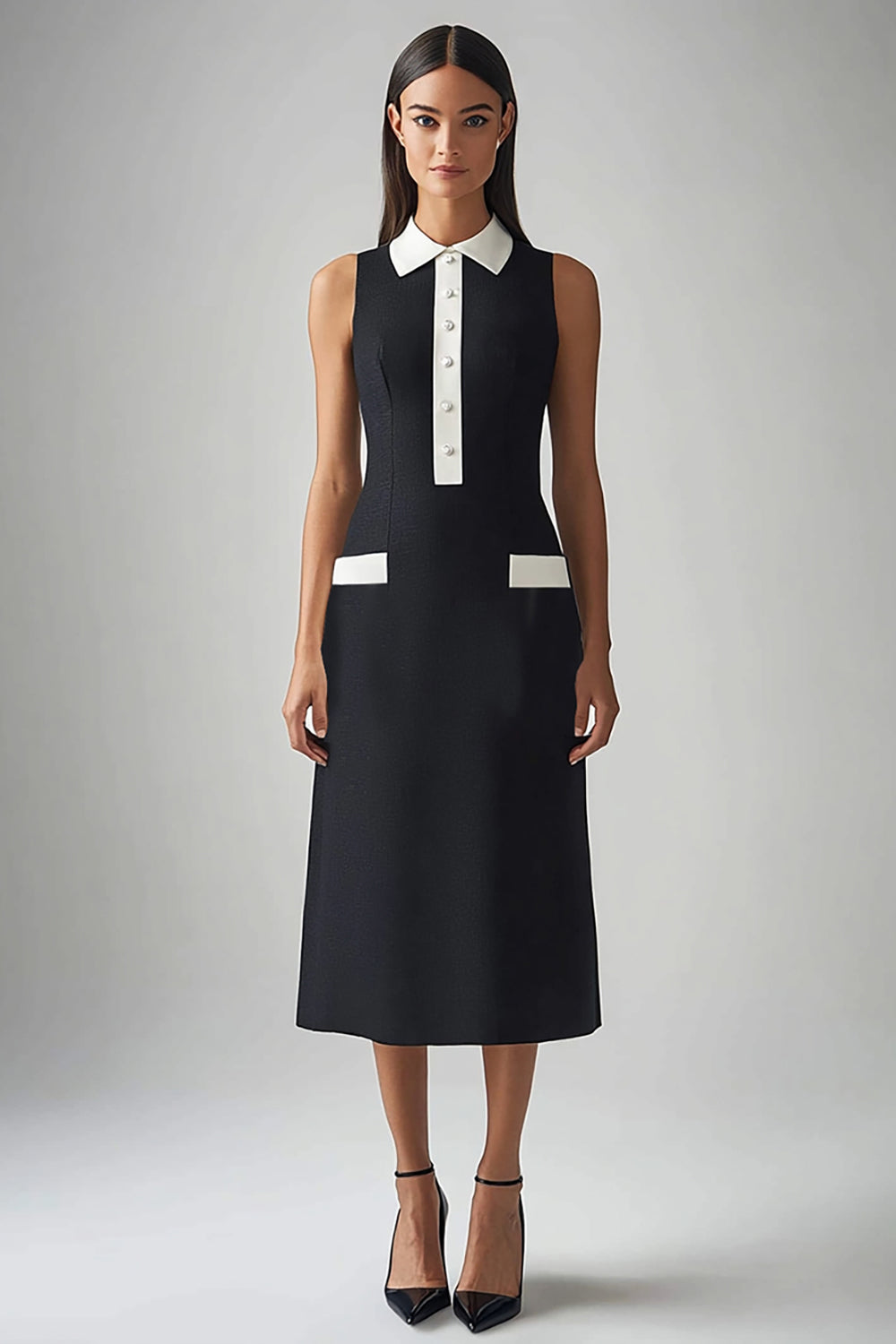 Black Sheath Lapel Neck Midi Dress