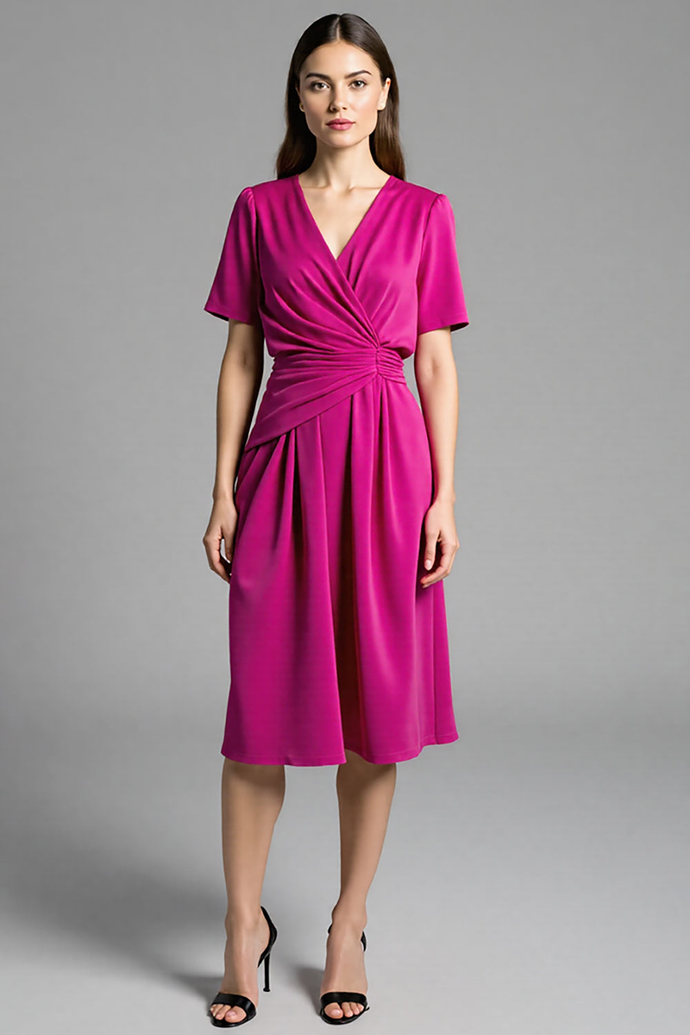A Line Fuchsia Ruched Midi Dress with Short Sleeves