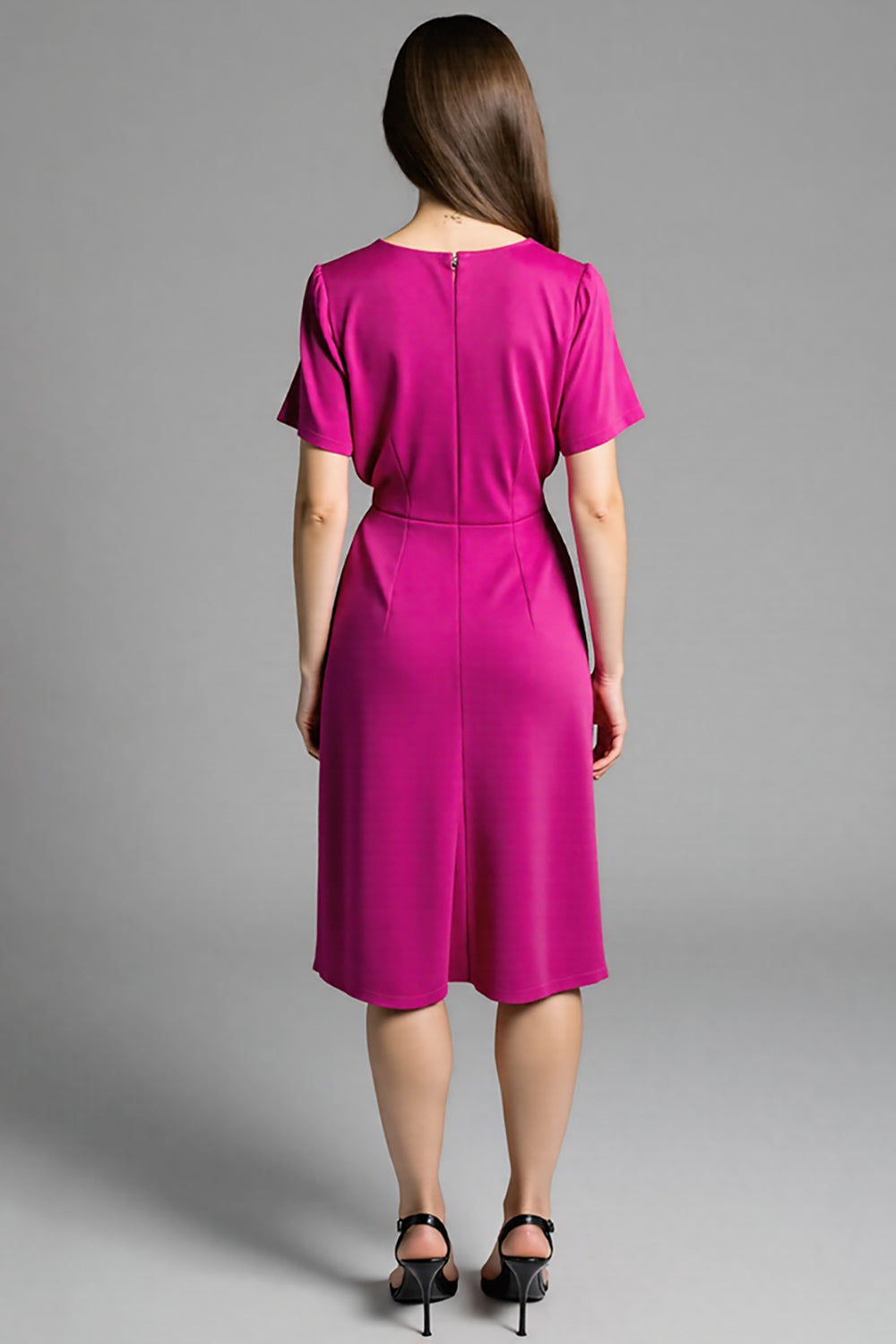 A Line Fuchsia Ruched Midi Dress with Short Sleeves
