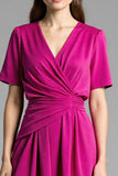 A Line Fuchsia Ruched Midi Dress with Short Sleeves