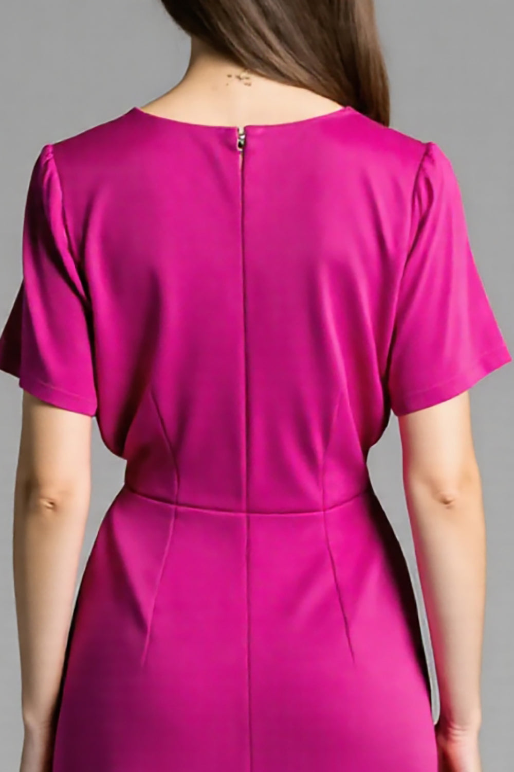 A Line Fuchsia Ruched Midi Dress with Short Sleeves