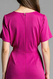 A Line Fuchsia Ruched Midi Dress with Short Sleeves