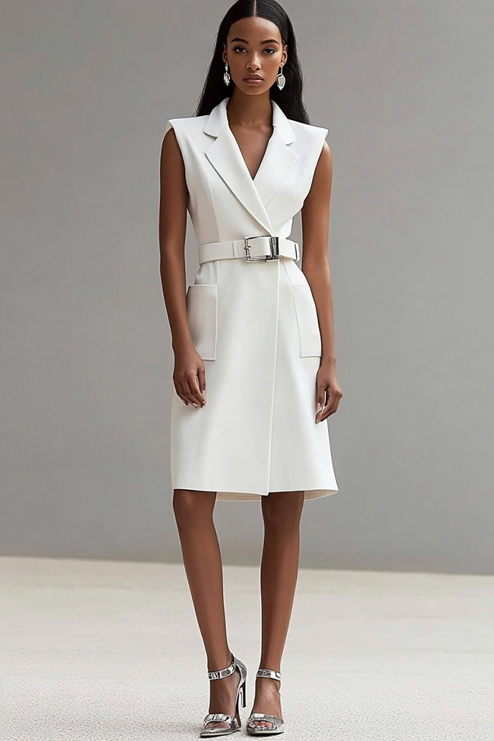 A Line Ivory V-Neck Midi Dress with Belt