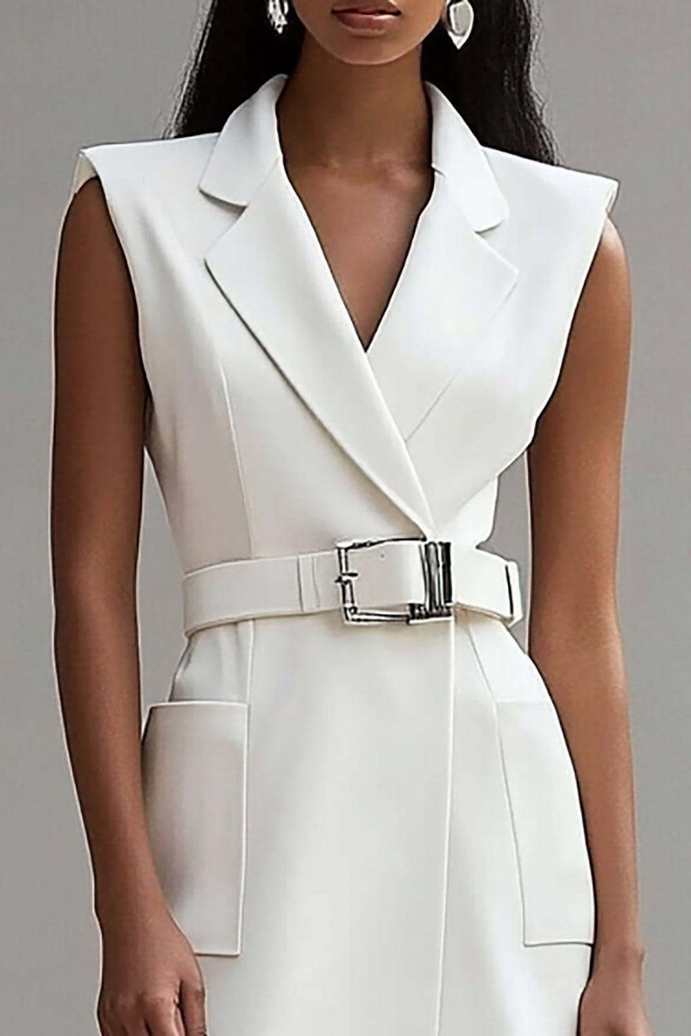 A Line Ivory V-Neck Midi Dress with Belt