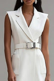 A Line Ivory V-Neck Midi Dress with Belt