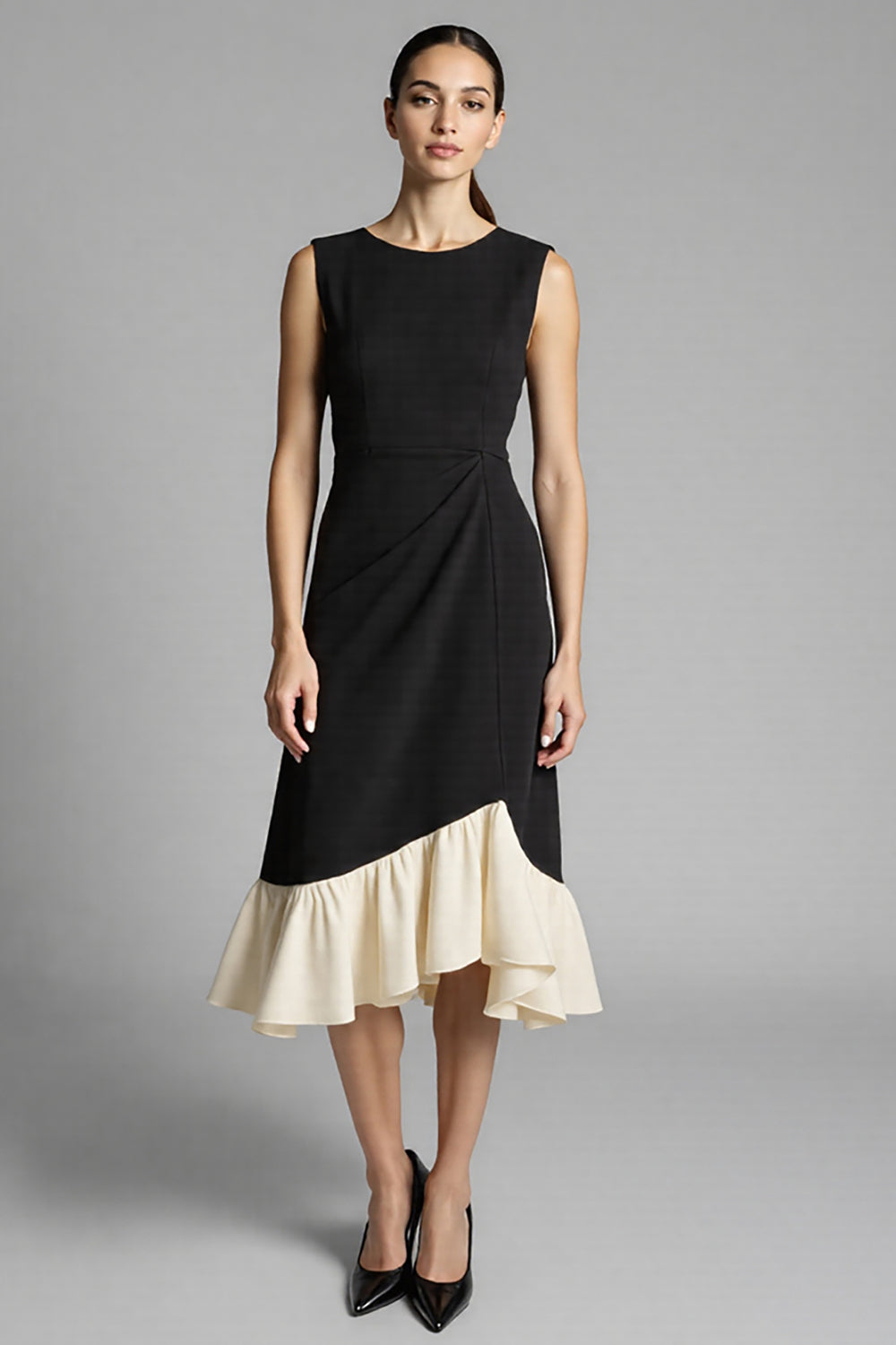 A Line Black Midi Dress with Ruffles