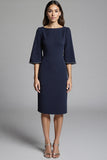 Navy Sheath Midi Dress with Flutter Sleeves