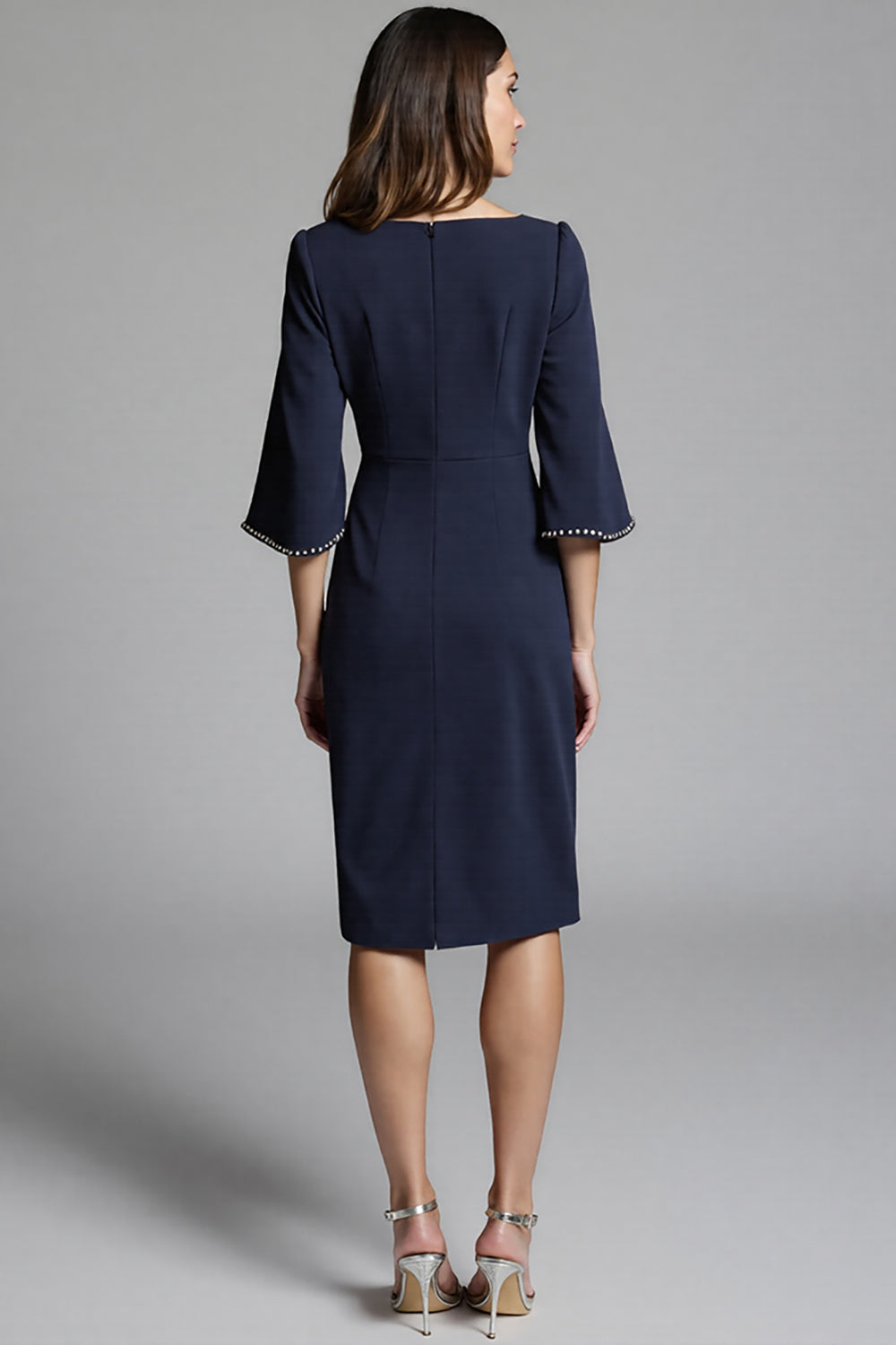 Navy Sheath Midi Dress with Flutter Sleeves