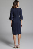 Navy Sheath Midi Dress with Flutter Sleeves