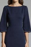 Navy Sheath Midi Dress with Flutter Sleeves