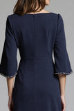 Navy Sheath Midi Dress with Flutter Sleeves