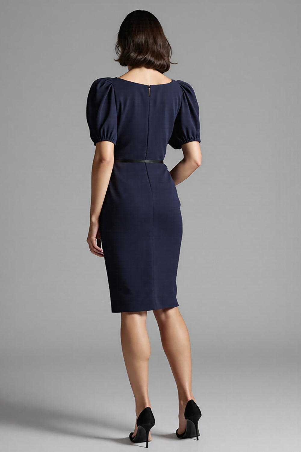 Navy Bodycon Midi Dress with Puff Sleeves