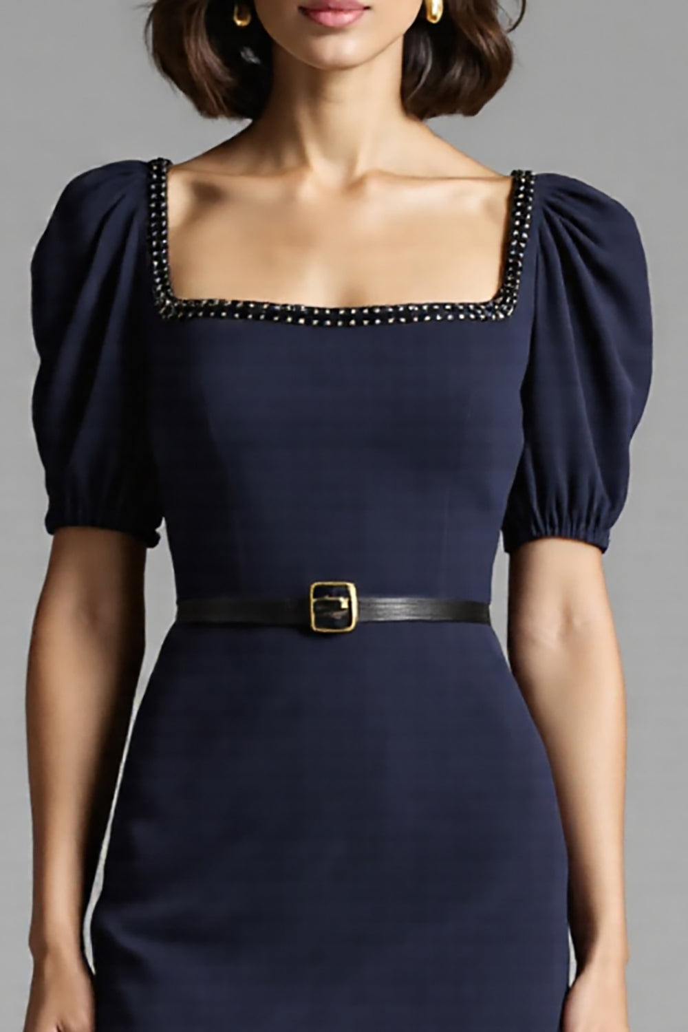 Navy Bodycon Midi Dress with Puff Sleeves