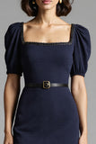 Navy Bodycon Midi Dress with Puff Sleeves
