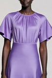 Satin Purple A Line Midi Dress with Flutter Sleeves