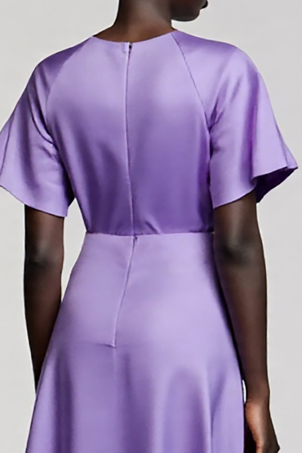 Satin Purple A Line Midi Dress with Flutter Sleeves