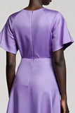 Satin Purple A Line Midi Dress with Flutter Sleeves