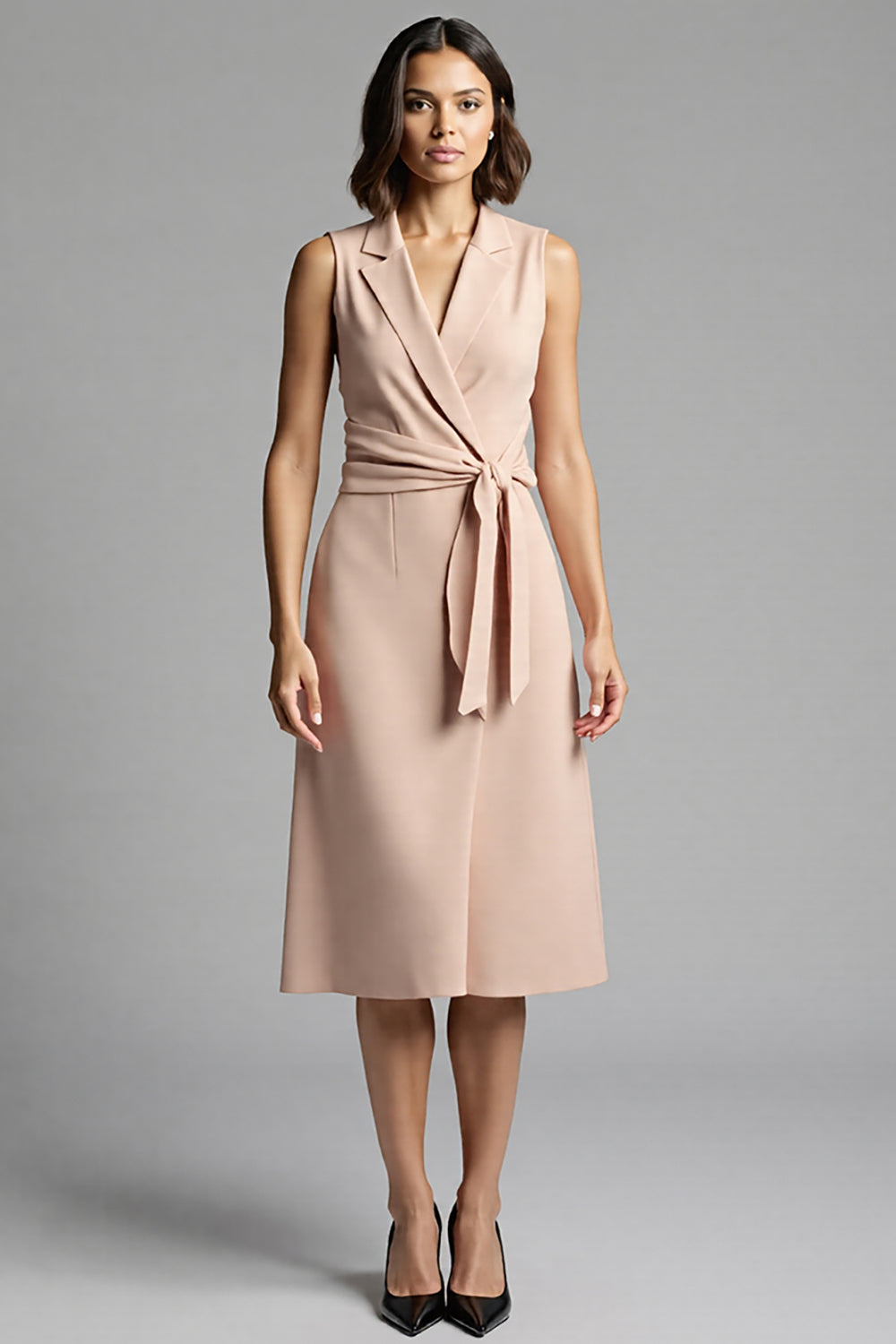 Champagne A Line Midi Dress with Sash