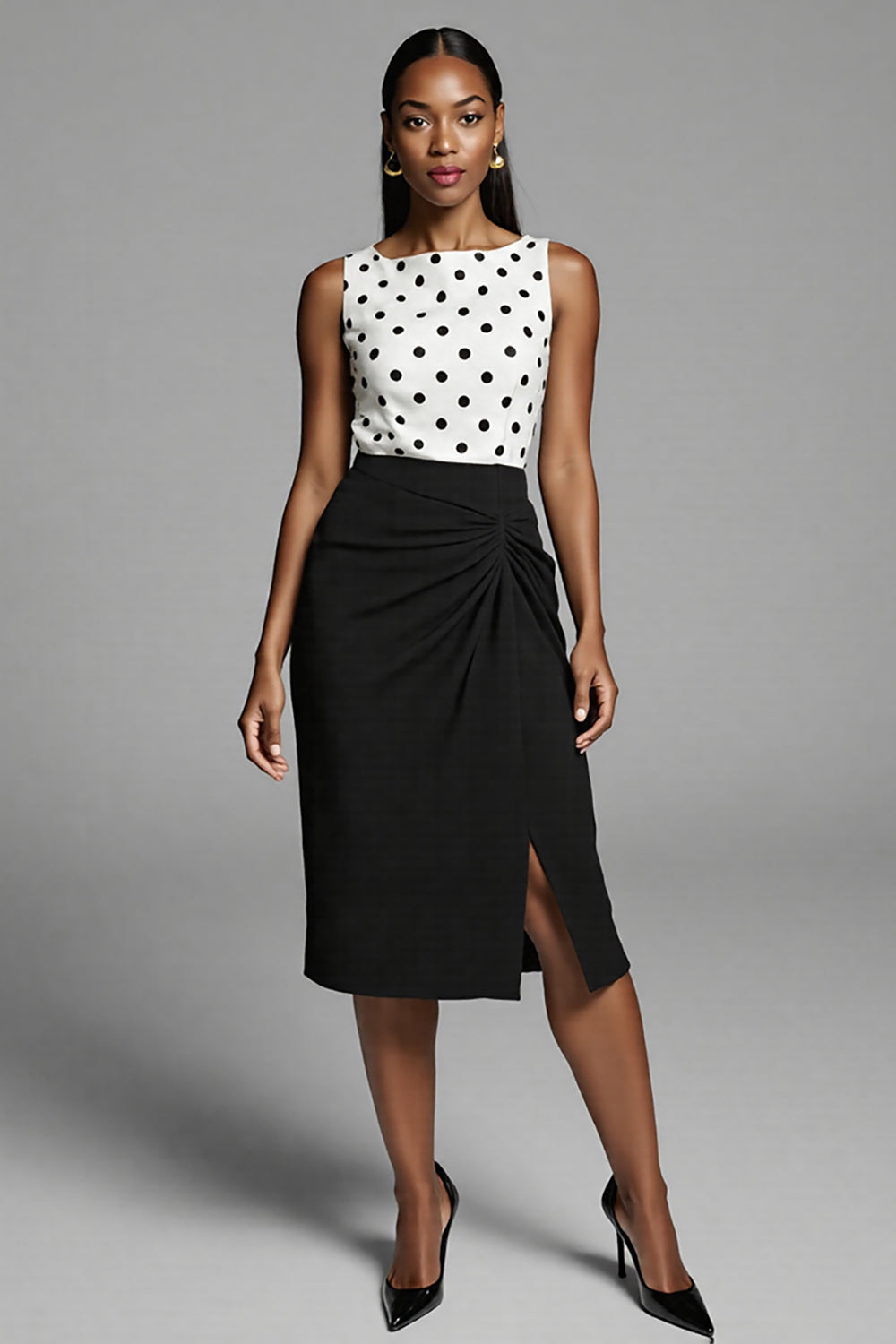 Black Polka Dots Sheath Midi Dress with Slit