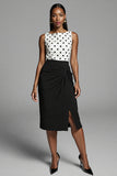Black Polka Dots Sheath Midi Dress with Slit