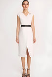 Ivory V-Neck Sheath Midi Dress with Cap Sleeves