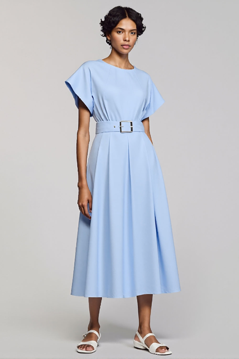 Sky Blue A Line Short Sleeve Midi Dress