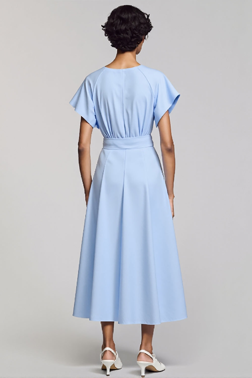 Sky Blue A Line Short Sleeve Midi Dress