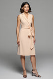 Champagne Sheath V-Neck Midi Dress with Sash