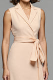 Champagne Sheath V-Neck Midi Dress with Sash