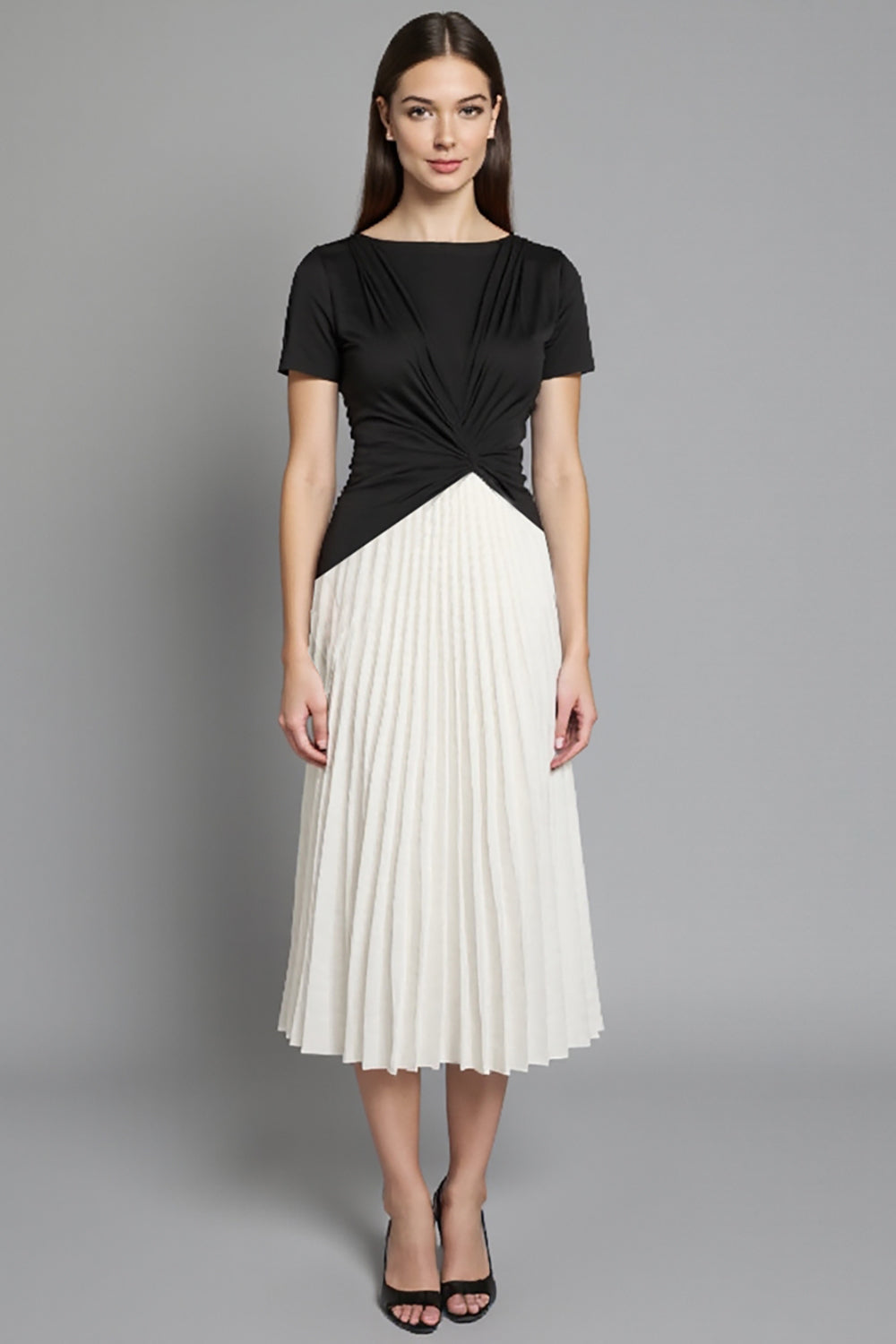 Ivory and Black A Line Pleated Midi Dress