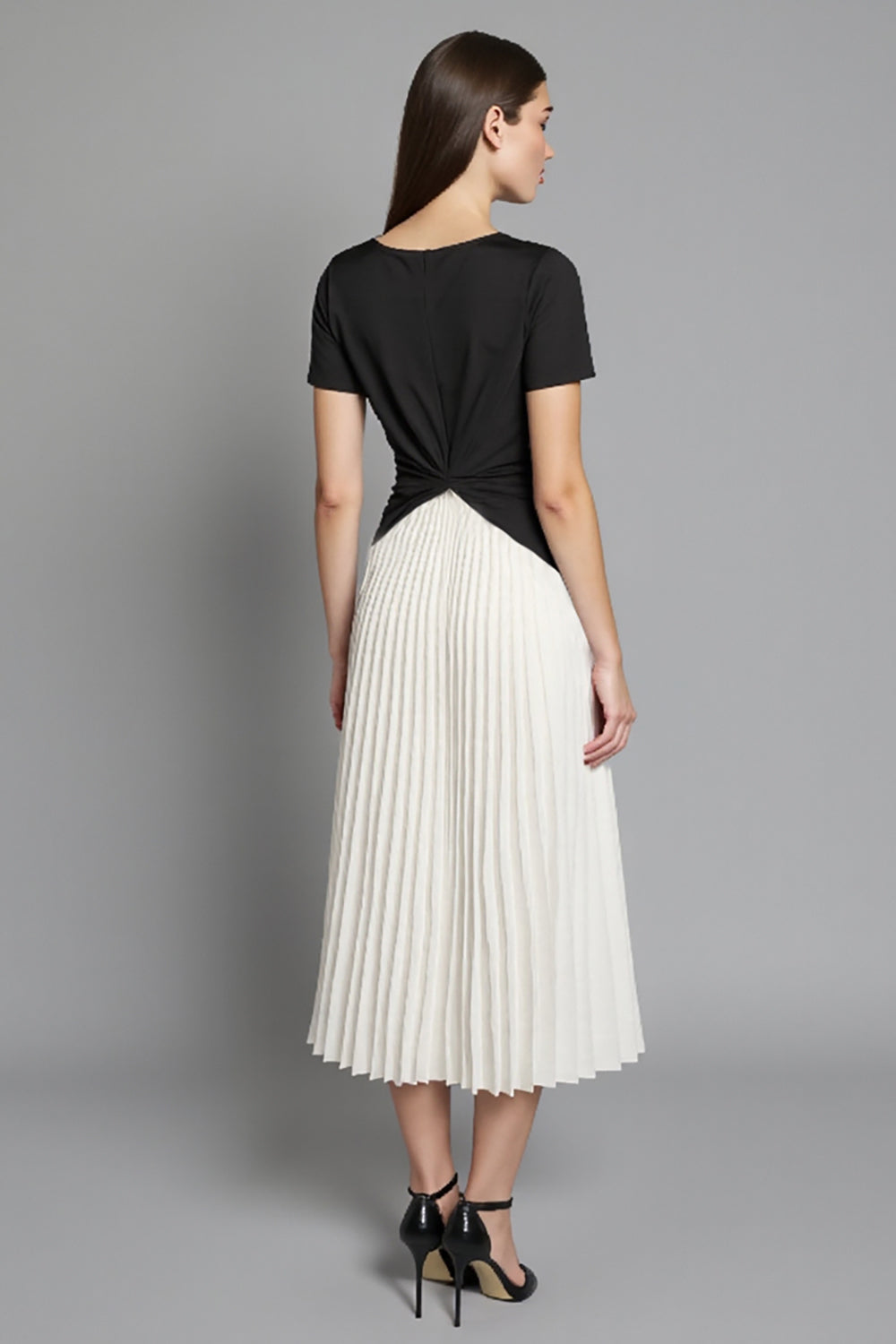 Ivory and Black A Line Pleated Midi Dress
