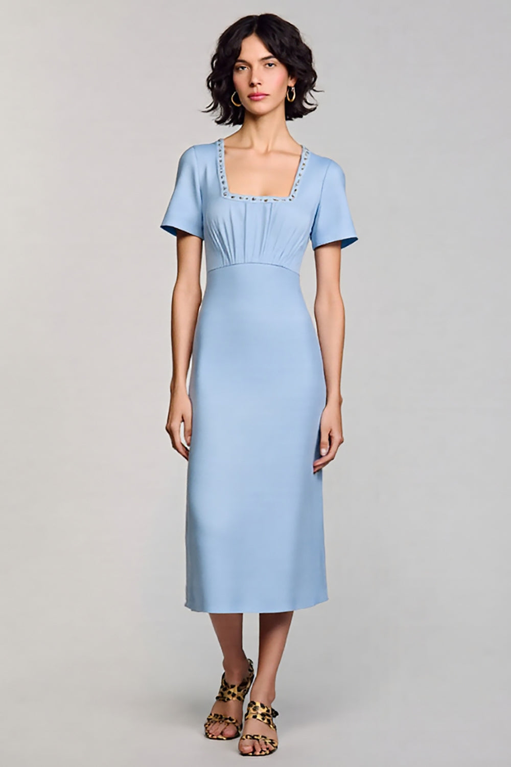 Sky Blue Sheath Square Neck Midi Dress