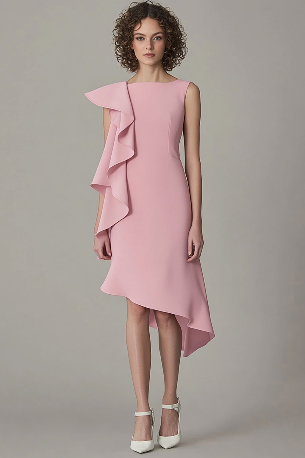 Ruffled Asymmetrical Pink Round Neck Midi Dress