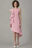 Ruffled Asymmetrical Pink Round Neck Midi Dress