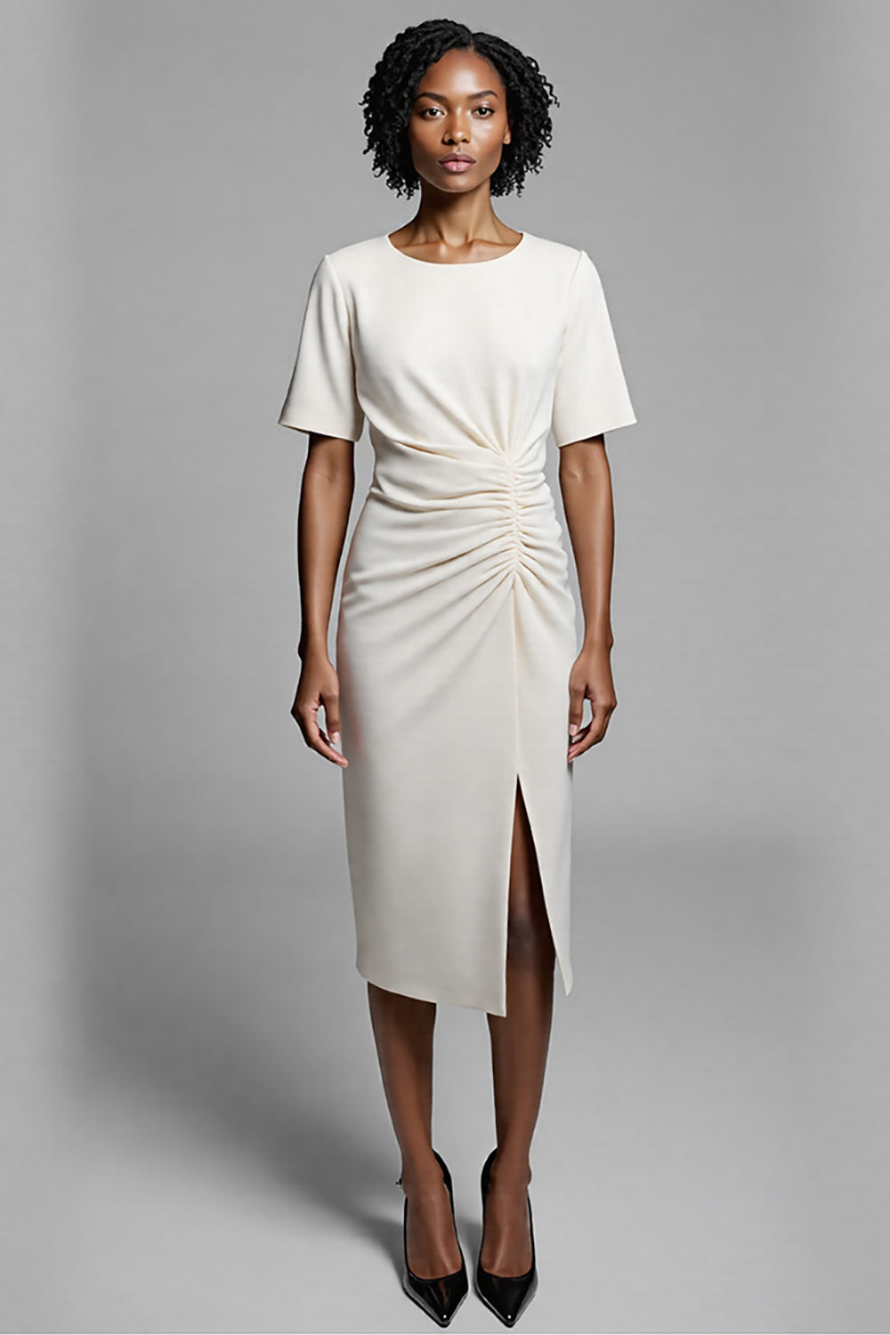Ivory Ruched Sheath Midi Dress with Slit