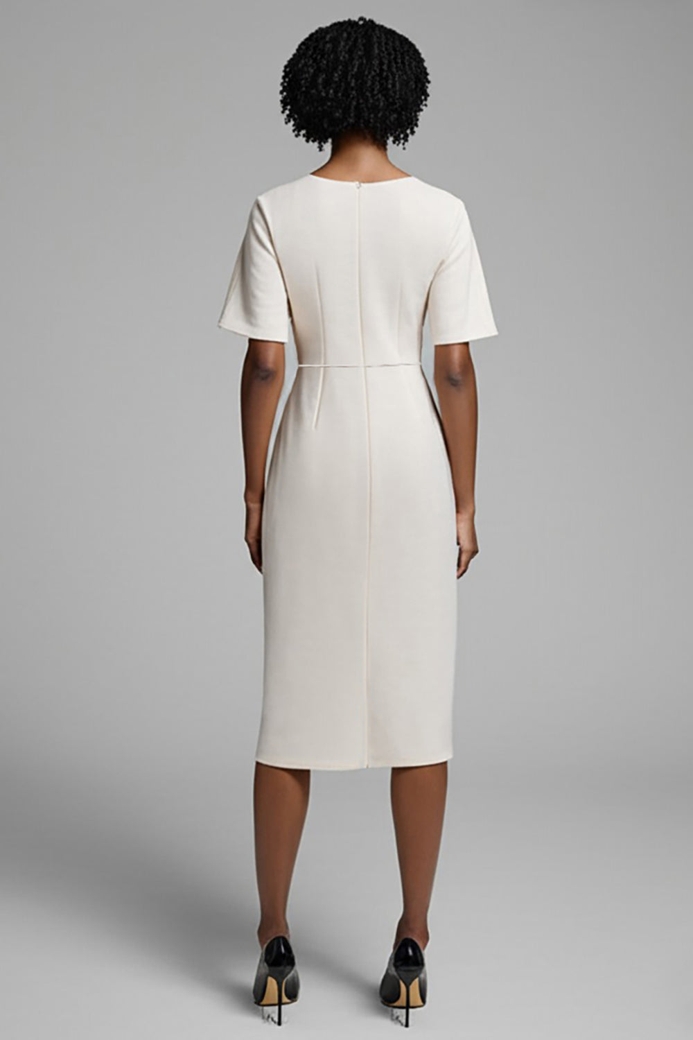 Ivory Ruched Sheath Midi Dress with Slit