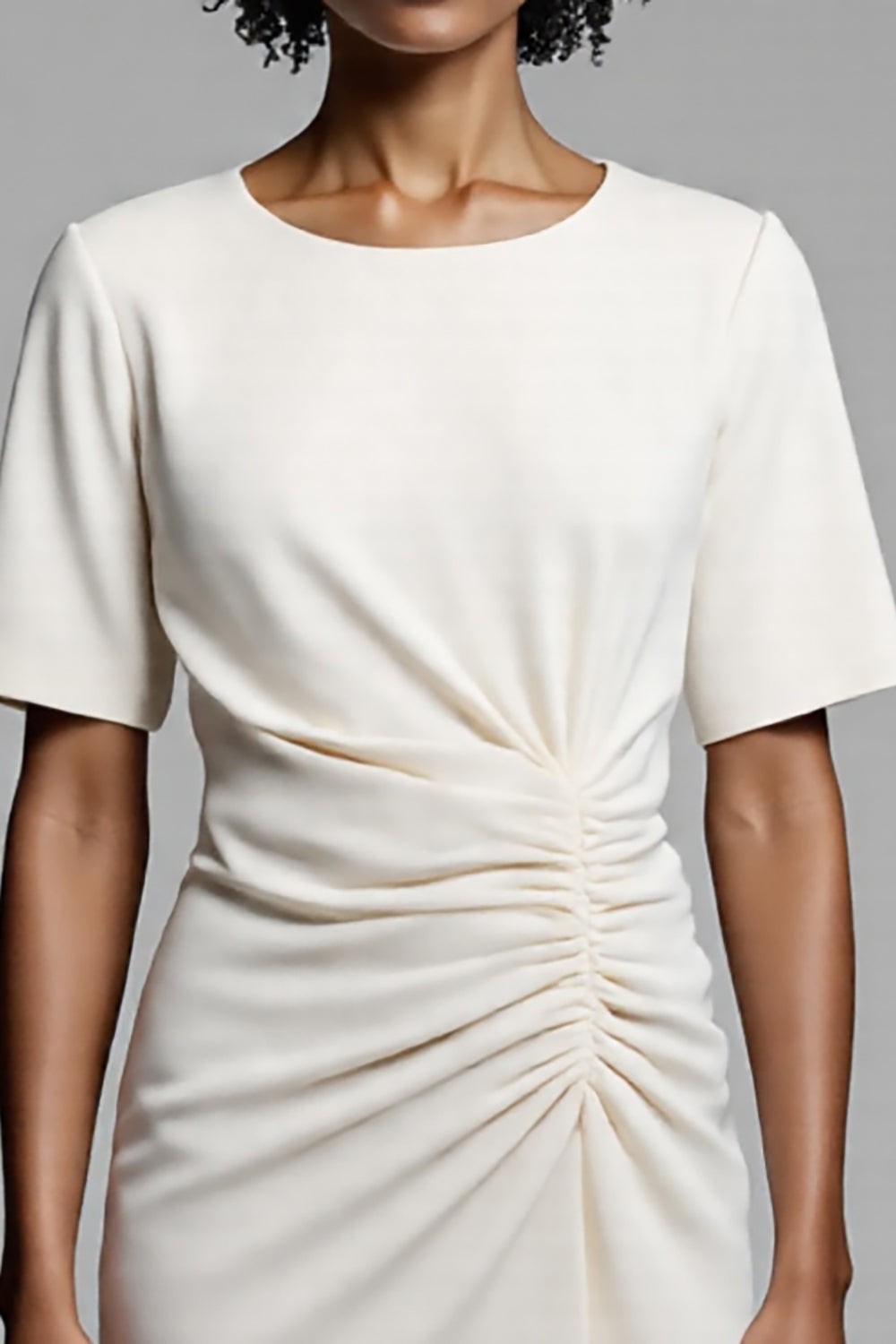 Ivory Ruched Sheath Midi Dress with Slit