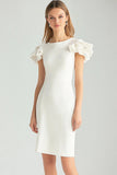 Ivory Sheath Midi Dress with Ruffle Sleeves