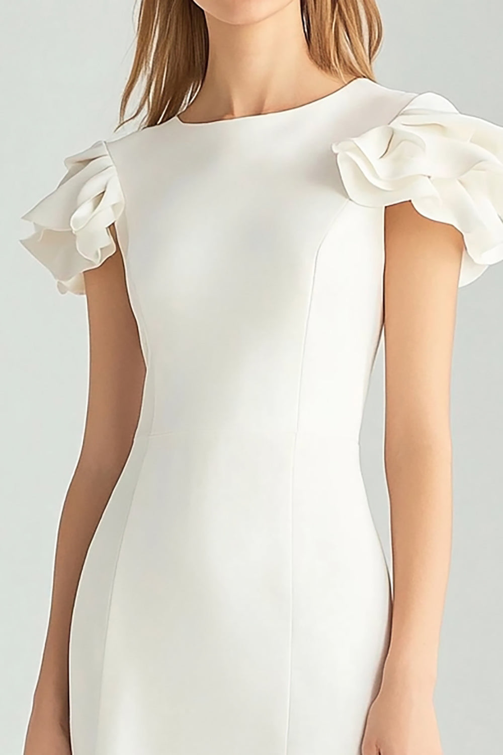 Ivory Sheath Midi Dress with Ruffle Sleeves