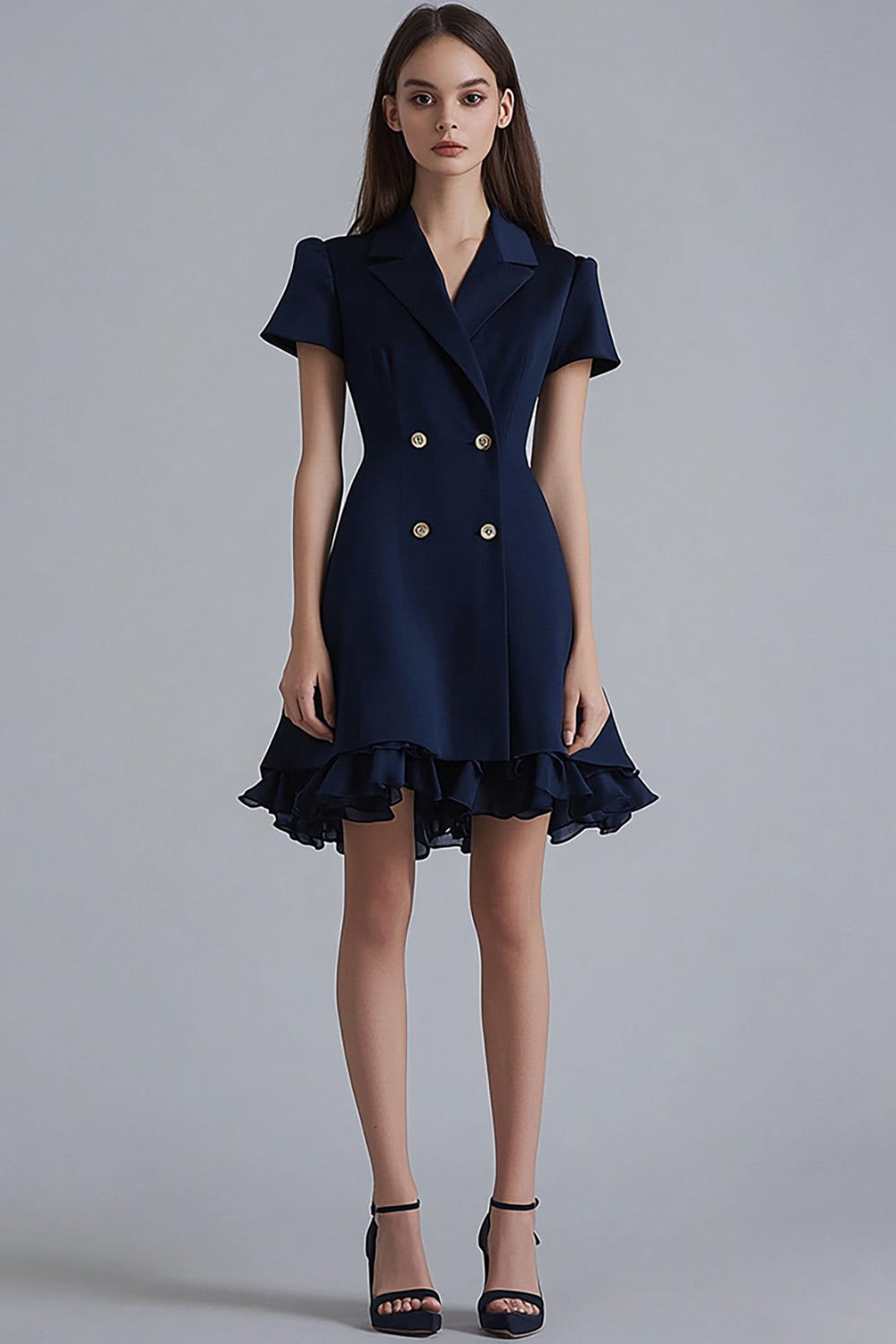 Ruffled Navy A Line V-Neck Mini Dress