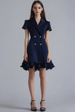 Ruffled Navy A Line V-Neck Mini Dress