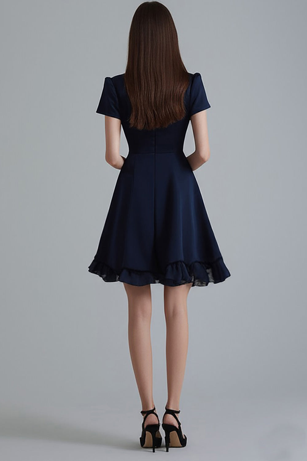 Ruffled Navy A Line V-Neck Mini Dress
