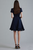 Ruffled Navy A Line V-Neck Mini Dress