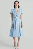 Sky Blue A Line Midi Dress with Belt