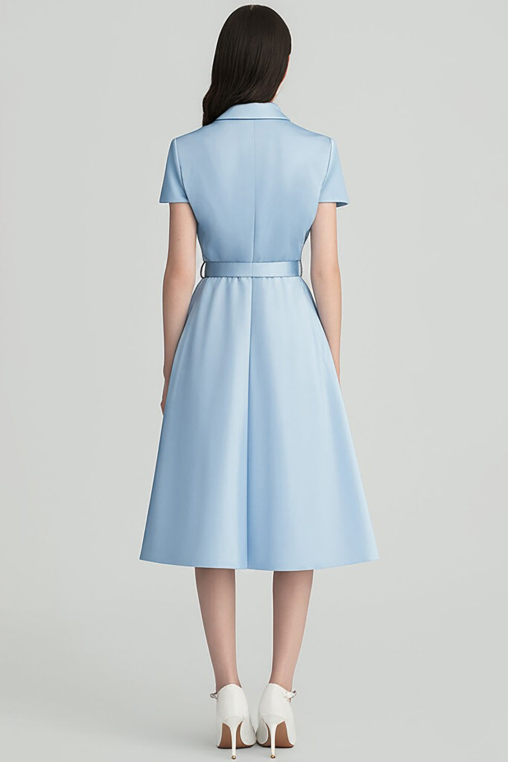 Sky Blue A Line Midi Dress with Belt