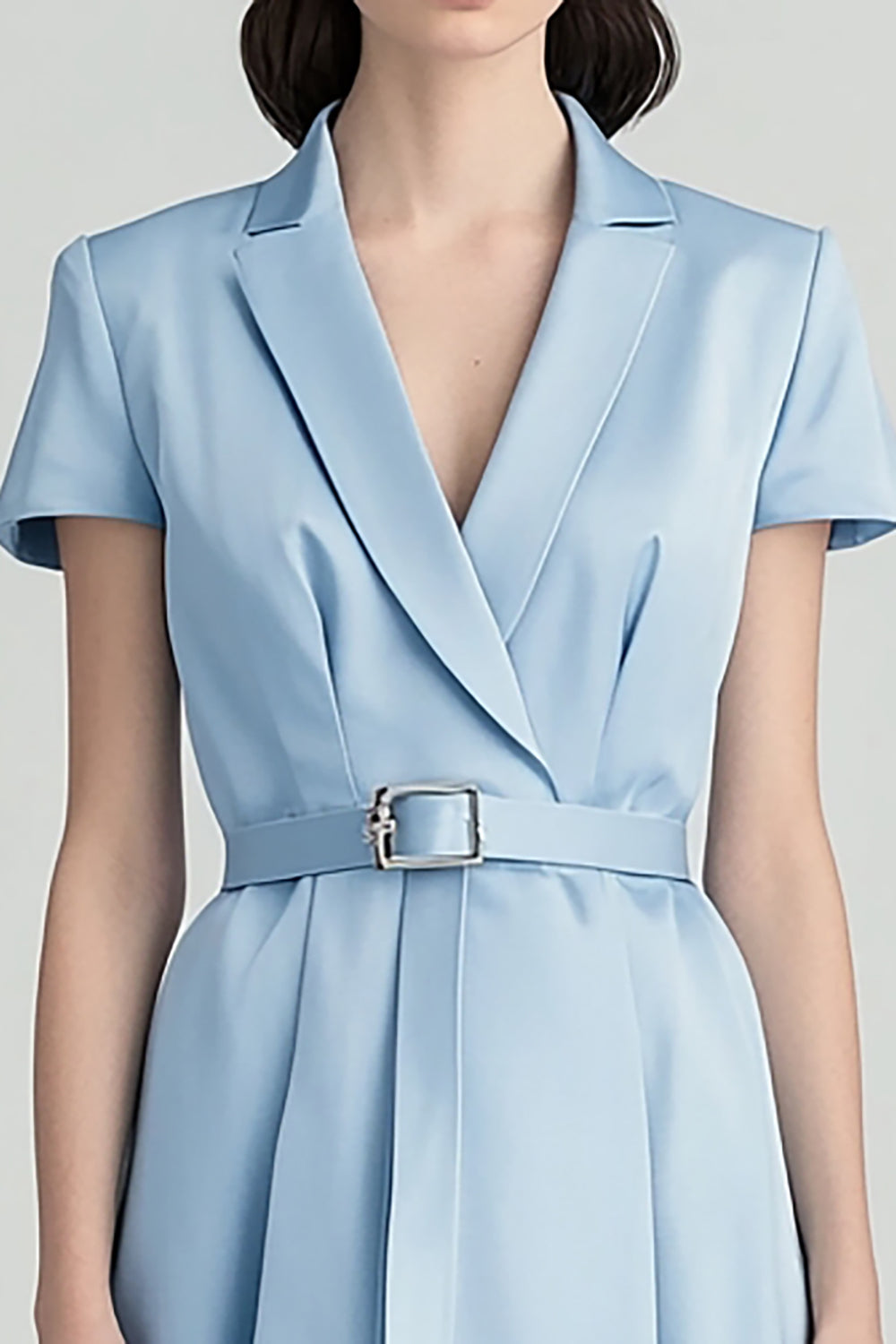 Sky Blue A Line Midi Dress with Belt